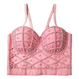 Ellacci Corset Pink Pearl Beaded Crop Top Bustier Corset Medium NWOT $37